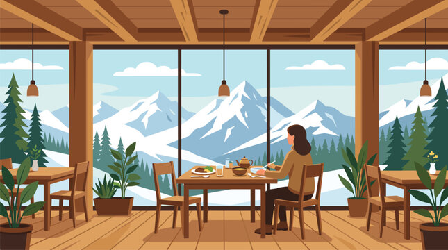 Restaurant interior with wooden beams and large glass windows revealing a magnificent snowy mountain and pine forest view.