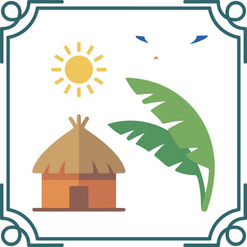 Tropical stamp frame with a thatched hut, banana leaves, sun and seagull, flat vector illustration isolated on white background