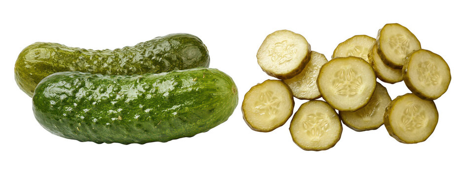 Pickled cucumber slices and whole pickles