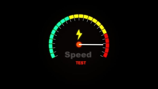 Speedometer gauge for internet speed test performance, digital velocity meter with lightning icon, fast data transfer rate indicator on black