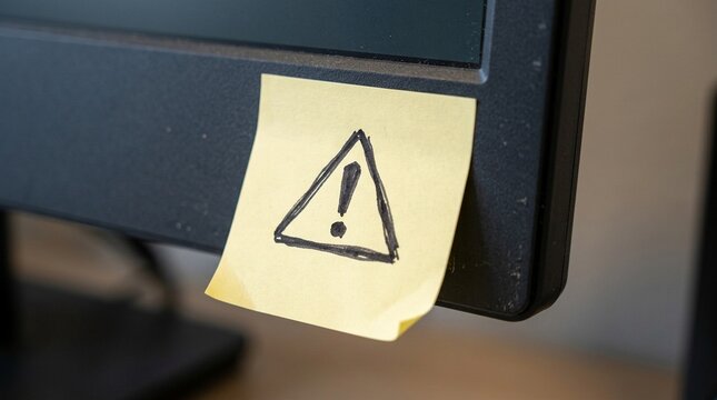 Sticky Note with Hand-Drawn Warning Icon on Monitor Bezel, Reminder and Alert Concept