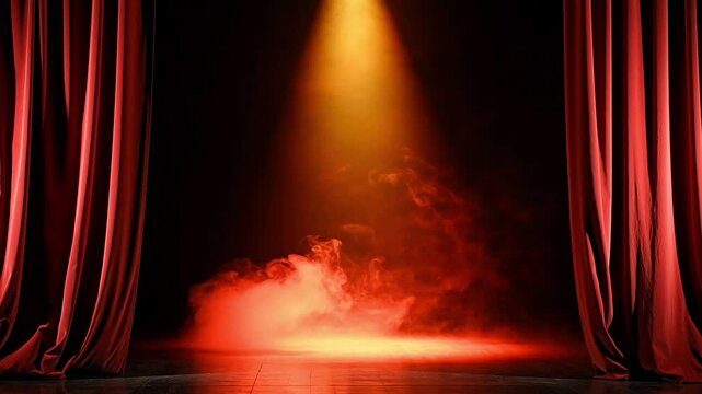 Classic theater stage with red velvet curtains illuminated by bright top spotlight with smoke