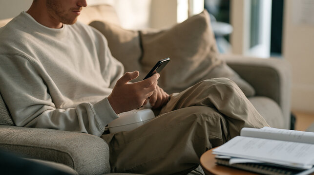 Solitary person in a modest home monitoring a chronic pain management app remotely, gloved hands mid task adjusting a heating device, screenwriting notes open on a side table as a