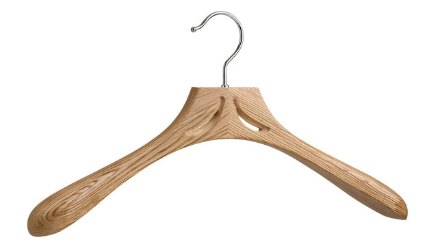 Isolated elegant wooden garment hanger with metal hook for fashion and clothing display store