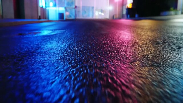Wet city street reflects blue and pink neon lights outside storefronts at night