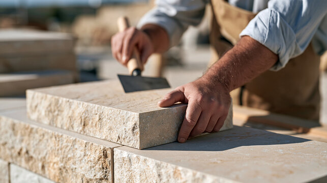 A stonemason assembles sandstone block coursing step by step against a busy urban street backdrop, close up on the chiseled texture of freshly cut limestone, a candid January