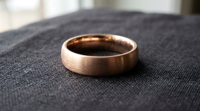 Brushed rose gold wedding band resting on dark woven fabric in soft natural window light