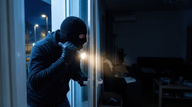 Intruder in a black mask and gloves breaks into a house at night to commit a crime while using a flashlight to look around the dark living room area