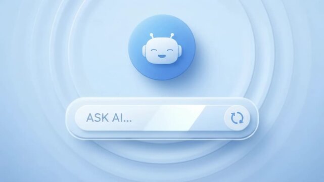 Three dimensional cute blue robot head avatar above minimalist ask ai search bar