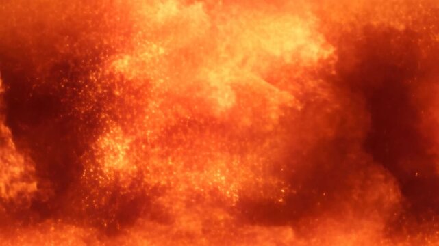 Orange flames and glowing embers fill a smoky closeup with rough fire patterns
