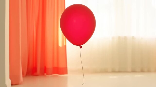 Red balloon remains still on a bright floor beside orange curtains in a sunlit interior