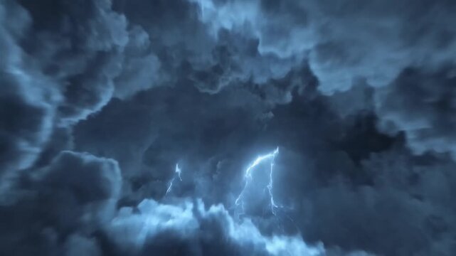 Lightning flashes through rolling dark storm clouds across a rough sky