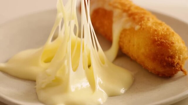 Breaded cheese croquette pulled apart as melted cheese stretches over a plate