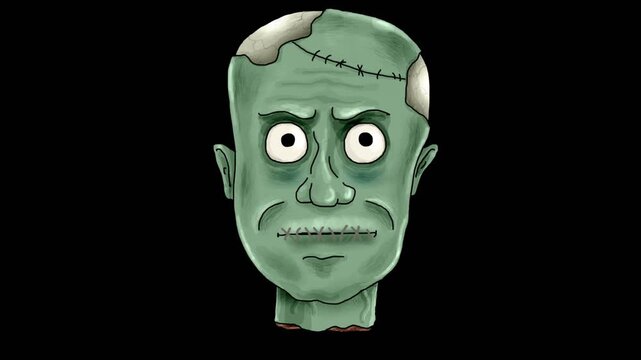 The head of the Frankenstein monster with a sewn‑up mouth. Hand‑drawn 2D animation on the theme of Halloween. Seamless looped animation on a transparent background.