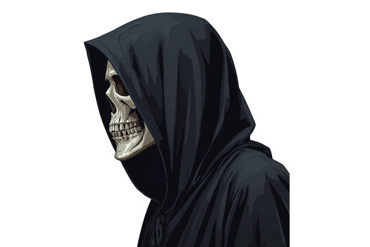 Grim Reaper skull wearing dark hooded cloak side profile view vector illustration isolated on white background for Halloween horror theme design element