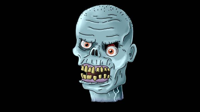 A severed zombie head is snapping its teeth. A cheerful hand‑drawn 2D animation on the theme of Halloween. Seamless looped animation on a transparent background.