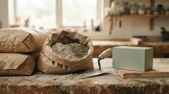 Recycled cement bags, fly ash, slag aggregate, trowel, and green concrete block for low carbon building materials.