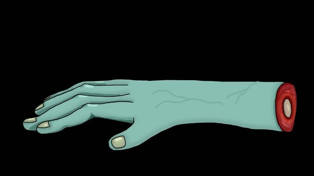 A collection of 3 elements themed around Halloween. The collection includes: a monster, a zombie hand crawling, and a skull bursting. There is a seamless looped animation on a transparent background.