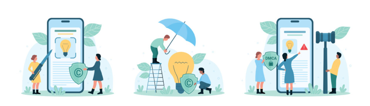 Intellectual property protection set vector illustration. Cartoon tiny people holding judges gavel, umbrella and DMCA shield to protect rights of authors for digital content and brand identity