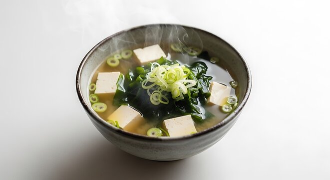 Bowl of steaming hot japanese miso soup with silken tofu and wakame