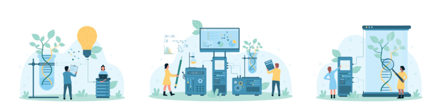 DNA lab research set vector illustration. Cartoon tiny people with magnifying glass and laboratory equipment work on science experiment, scientists explore ancestry, discovery of chromosomes and genes