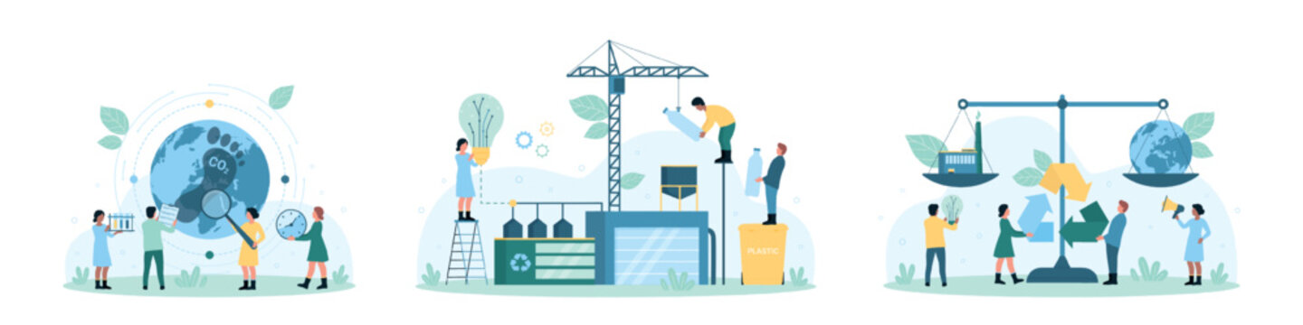 Eco balance set vector illustration. Cartoon tiny people research carbon footprint, recycle plastic at waste recycling plant for energy and electricity production, compare climate change on scales