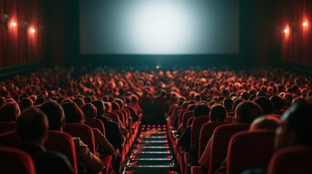 Crowded movie theater with rows of red seats filled with spectators facing a large glowing blank screen, illuminated aisle steps and red wall lights inside a dark cinema auditorium