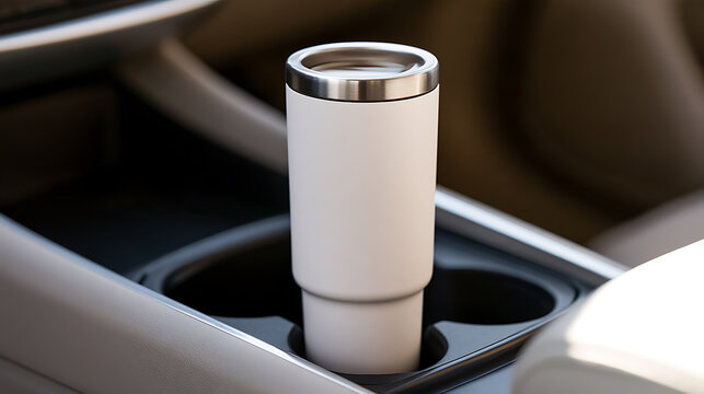 White stainless steel travel mug inside car cup holder, insulated hot beverage container for commute, road trip, and lifestyle concept