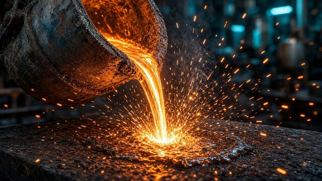 M&eacute;tal en fusion vers&eacute; d'un creuset en acier dans une fonderie, gerbes d'&eacute;tincelles sur fond sombre.