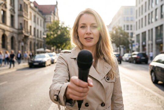Blonde Reporterin mit Mikrofon interviewt auf einer belebten Stadtstra&szlig;e