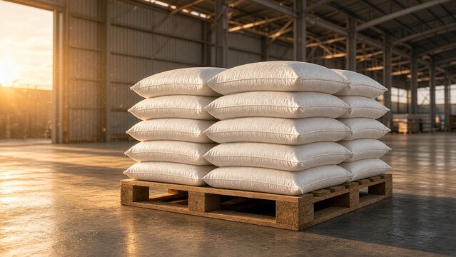 Sacs de toile blancs remplis de grain empil&eacute;s sur une palette en bois dans un entrep&ocirc;t industriel au coucher du soleil