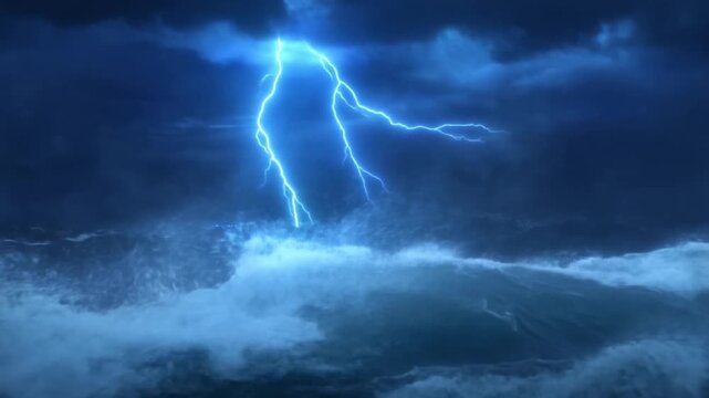 Ocean waves break and churn beneath a dark night sky with foaming surf and spray