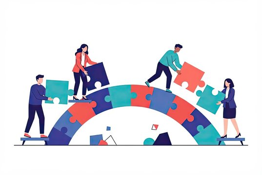 Businessmen and businesswomen collaborating to connect a large curved arch made of puzzle pieces together in a conceptual corporate teamwork illustration.