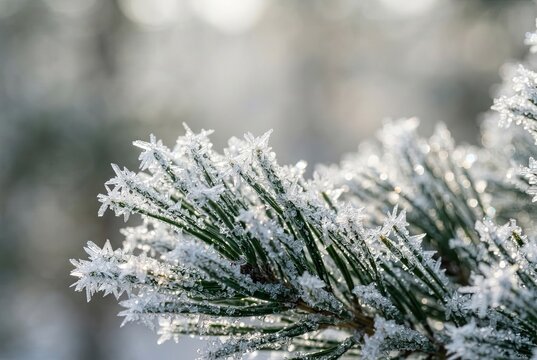 Pine needles covered in morning frost glisten outdoors during the cold winter season.