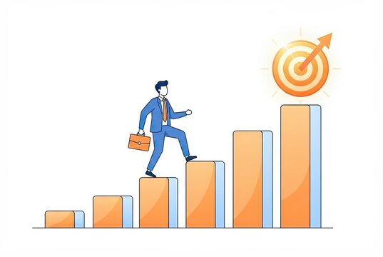 Businessman climbing rising financial bar charts toward a target symbolizing career advancement and corporate achievement.