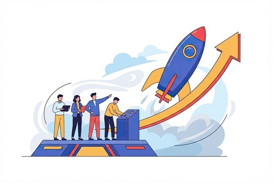 Business team launching a rocket symbolizing corporate growth and startup success in flat vector illustration style.