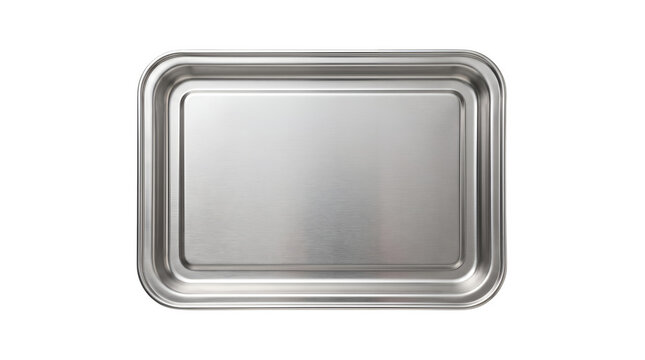 Stainless steel tray on white background, empty metallic baking sheet, industrial silver kitchen platter for food service and catering