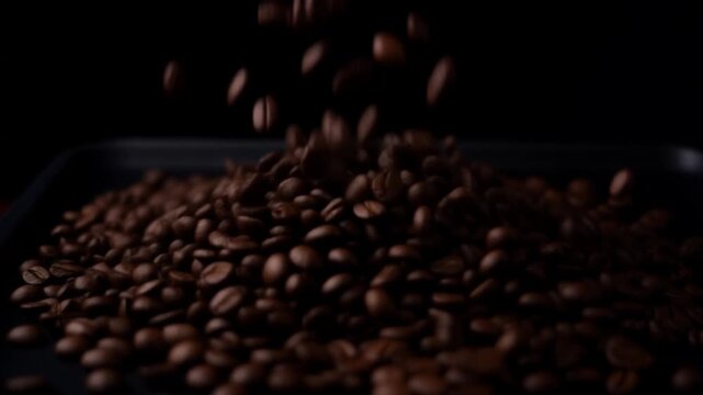 暗いトレイを転がるコーヒー豆 シームレスループ動画背景 16:9 4K