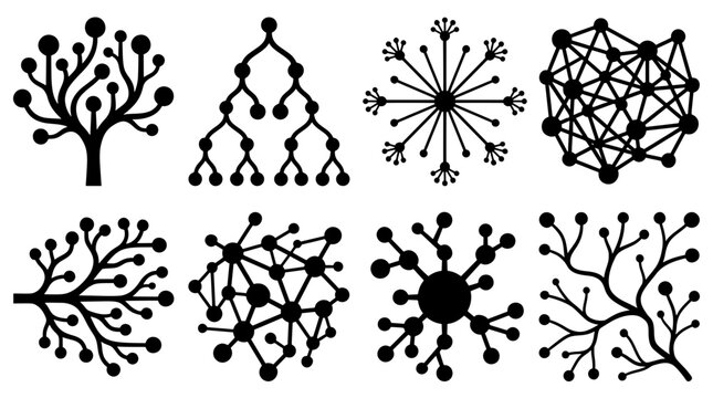 Eight bold node icons with a thick trunk tree, triangular binary tree, starburst hub, dense mesh and a large central hub surrounded by smaller satellite dots