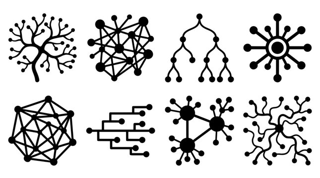 Eight black network icons with fine branching tree, binary tree, ring hub, polygon mesh, right angle circuit branches and three linked hubs with satellite nodes