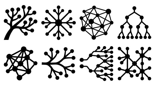 Eight black node icons with a leaning tree, radial hub, pentagon mesh, binary tree, fan circuit, horizontal branch and X shaped grid of linked dots