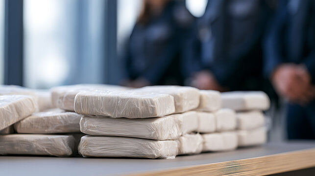Police officers seize stacked white packages wrapped in plastic on table during law enforcement operation against illegal drug smuggling crime
