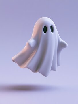 cute floating white ghost against pastel purple background