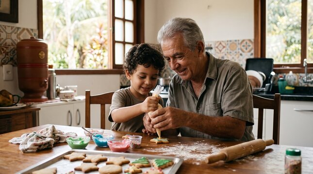 Grandfather and grandson happily decorating Christmas cookies together in a cozy kitchen setting