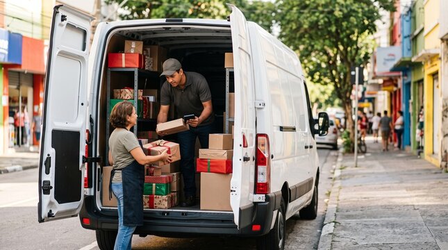 Delivery workers loading packages into a white van on a city street with colorful buildings