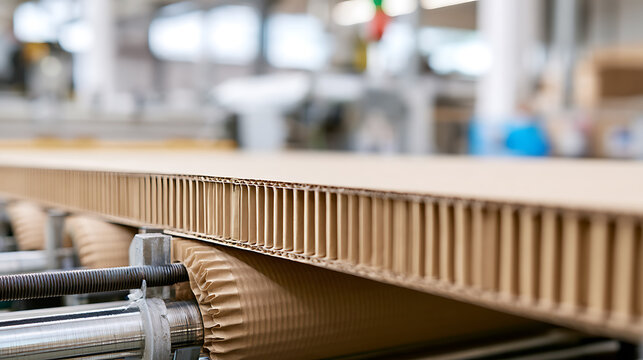 Corrugated cardboard production line in modern paper mill factory. Industrial manufacture of eco friendly packaging material. Close up view