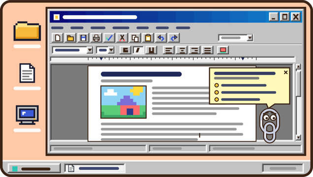 Retro Desktop Word Processor Software Interface with Paperclip Assistant Vector