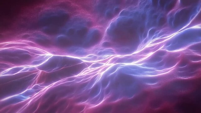 Glowing purple and pink energy currents weave through an abstract fluid field