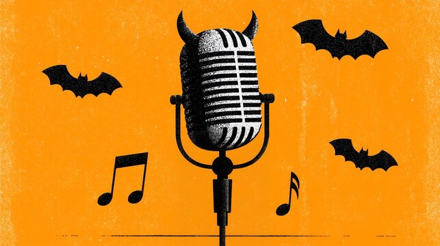 Halloween music background with a retro microphone wearing bat wings, flying bats and floating music notes on a grungy orange vintage style backdrop