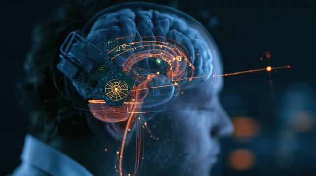 A person wearing a headset linked to a brain-computer interface. The technology aims to assist with balance disorders.